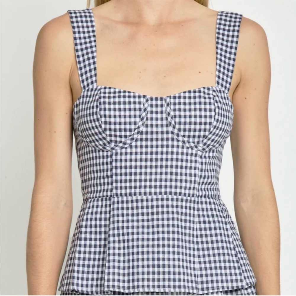 Reformation Navy & White Linen Gingham Bustier Peplum Top size 0